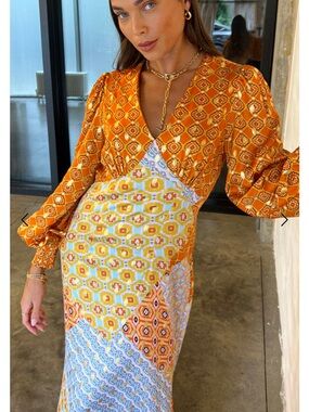 Never Fully Dressed Orange Mixed-Print Wrap Maxi Dress